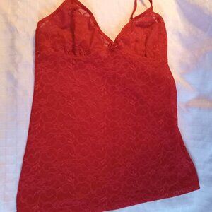 Red lace camisole, slightly stretchy, opaque, with adjustable straps